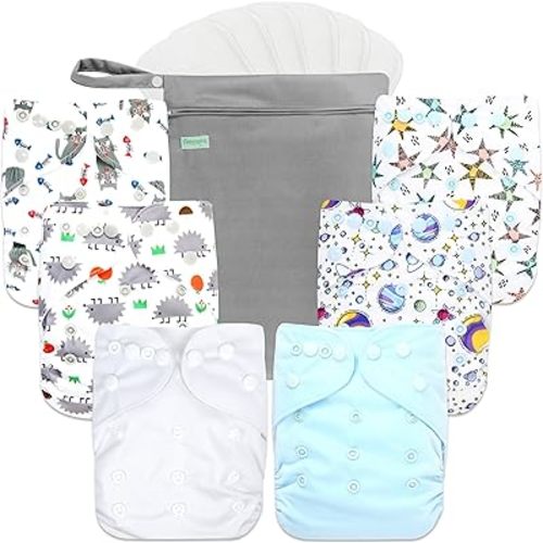 wegreeco Cloth Diapers 6 Pack with 6 Inserts & 1 Wet Bag, Washable Cloth Diapers for Babies, One Size Adjustable Reusable Diapers Baby (Fantastic World)