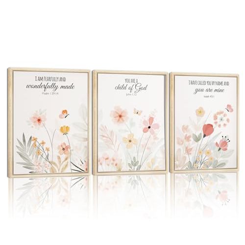 3pcs Framed Floral Wall Art Pieces, Christian Art, Bohemian Wall Decorations, Inspirational Bible Verse Canvas Paintings, Wildflower Patterns, For A Girl'S Room And Living Room, 12x16 Inches