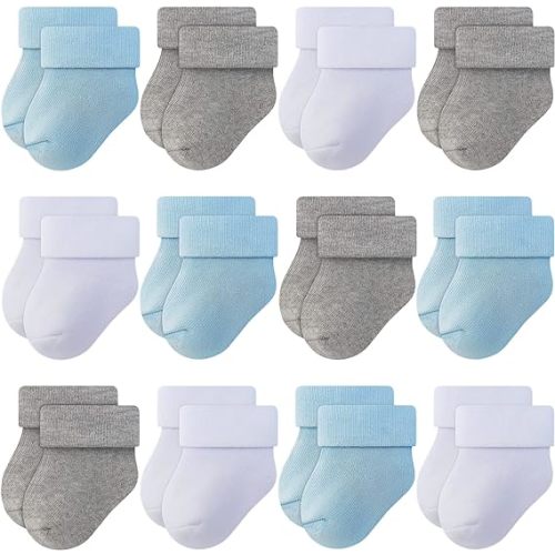 RATIVE Newborn Socks 0-3 Months Infant 3-6 Months Thick Terry Turn Cuff Socks for Baby Boys Girls - 4white+4grey+4blue