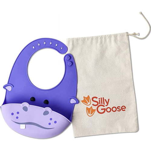 Silly Goose Silicone Animal Baby Bibs for Babies and Toddlers, Waterproof, Adjustable, Soft, Extra Wide Food Catcher Pocket (Baby Hippo)