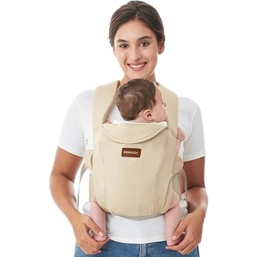 Momcozy Newborn Carrier WeeSnug- Lightweight and Cozy Comfort for 7-25 lbs, Ergonomic Cross-Back Support, Effortless to Put On, Hands-Free Infant Carrier with Lumbar Support, Khaki
