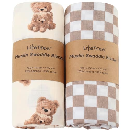 LifeTree Muslin Swaddle Blankets Neutral, Baby Swaddling Wrap Nursery Blanket for Boys & Girls Unisex, Soft 70% Viscose from Bamboo and 30% Cotton, Large 47 x 47 inches, Bear & Checkered Coffee