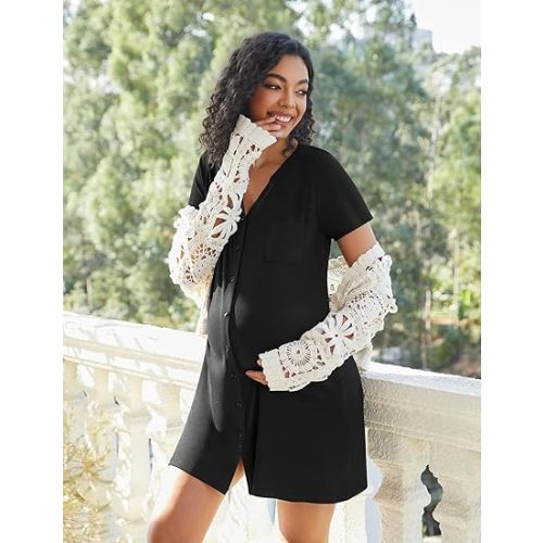 Ekouaer 2 Pack Maternity Nightgown Button Down Nursing Gown 3 in 1 Breastfeeding Sleepwear V Neck Short Sleeve Delivery Dress