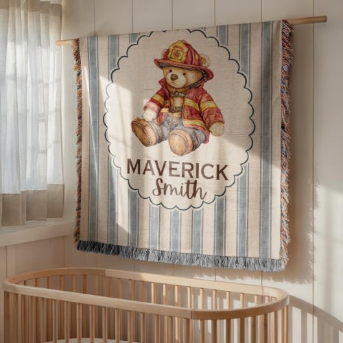 Personalized Firefighter Teddy Baby Blanket, Fireman Nursery Woven Throw, Newborn gift Custom Name Baby Boy Gift, Firefighter Nursery Decor