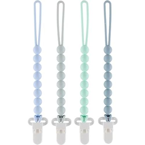 Silicone Pacifier Clip, 4 Pack One Piece Beads Pacifier Clip Holder for Baby Boys Girls, Flexible Pacifier Clips for Baby Essentials, Safe for Newborns, Teething Relief, Rust-Free Holder Clip