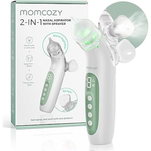 Momcozy BreezyClear™ 2-in-1 Electric Nasal Aspirator with Spray, Nasal Aspirator for Baby, 65kPa Nose Sucker with 4 Adjustable Suction Levels,Portable Electric Nose Cleaner,Light & Music Soothing