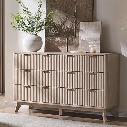 T4TREAM Fluted 6 Drawers Dresser, 54" Wide Modern Chest of Drawers, Curved Profile Design, Dresser TV Stand, Wood Drawer Organizer for Bedroom, Living Room, Hallway, White Alder