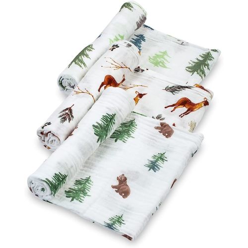 LollyBanks Baby Blankets, 100% Muslin Cotton Swaddle Blanket for Boys and Girls, Soft and Large 47 x 47 Inches Newborn Swaddle, Breathable Baby Receiving Blankets, Registry (Forest Theme 3 Pack)