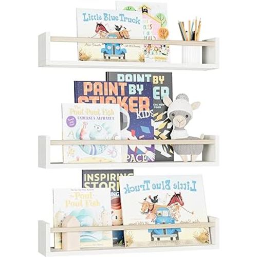 Fixwal Nursery Book Shelves, 16.5 Inch Floating Bookshelves for Wall Set of 3, Baby Nursery Decor, Solid Wood Wall Mounted Shelves for Books, Toys and Decor Storage (White and Natural)
