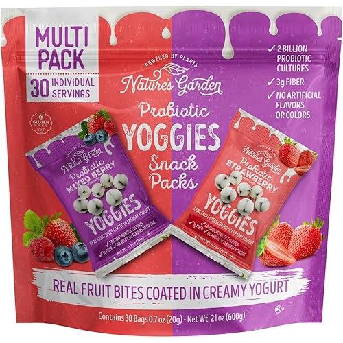 Nature's Garden Probiotic Yoggies Multi Pack, 21oz (Strawberry Yoggies 15x0.7 oz +Mixed Berry Yoggies 15x0.7 oz), Strawberry and Mixed Berry Yogurt Covered Snack, High Fiber, Real Fruit Pieces, No Artificial Ingredients, Healthy Snack for Adults