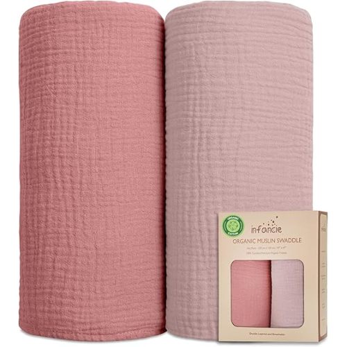 Organic Cotton Baby Muslin Blanket - Breathable, Large 47x47 inches for Baby Swaddle Blanket Hypoallergenic Muslin Baby Blankets, Versatile, Double Layer (Rose/Peach)