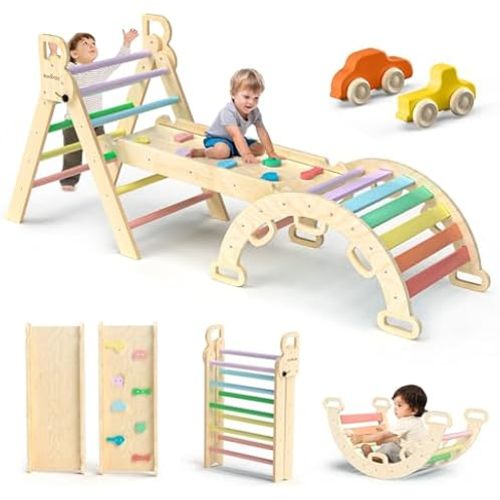 Beright 4 in 1 Pikler Triangle Gym, Montessori Foldable Climber with Ramp, Indoor Climbing Toys for Kids, Climbing Triangle for Toddlers Arch Climber, Rocker, Learning Waldorf Children Toy, Rainbow - Colored