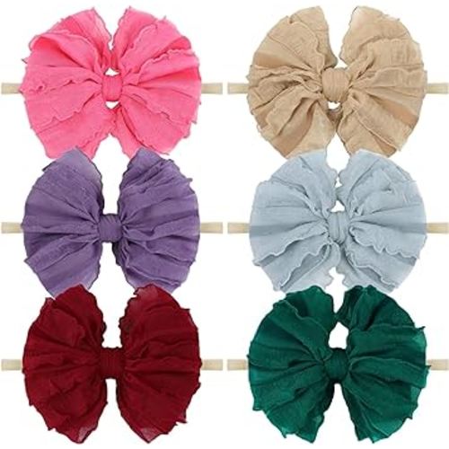 YanJie Girls Newborn Ruffled Lace Headbands - Soft Nylon Elastics, Handmade Hairbands and Accessories for Infants and Toddlers (Khaki, Wine Red, Rose, Blue, Purple)