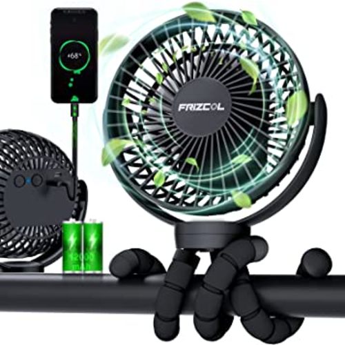 FRIZCOL Portable Stroller Fan, Use As Power Bank, 55H 12000mAh Battery Operated Fan Flexible Tripod Baby Car Seat Fan, Personal Mini Handheld/Desk/Small Clip On Fans For Stroller, Carseat (Black)