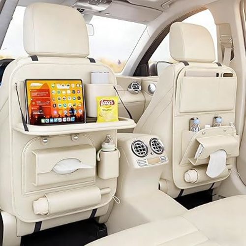 Universal Premium Leather Foldable Car Backseat Organizer with Table Tray, Car Seat Back Protector with Garbage Bag Touch Screen Pad Holder, Car Kick Mats Protector with Tissue Holder (Beige)