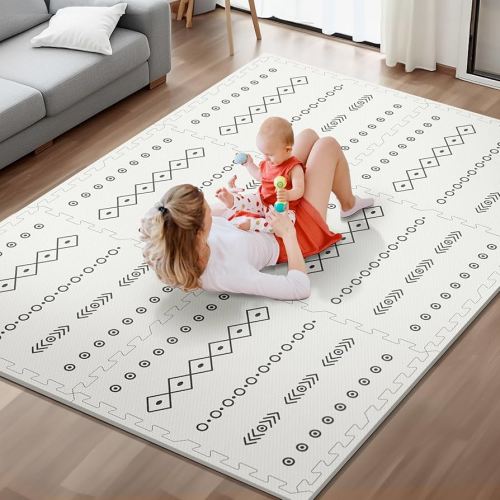 Baby Foam Play Mat for Floor, PIGLOG 72x48 Baby Crawling Mat, Puzzle Mats for Kids for Baby with Interlocking Tiles, Toddler Play Mat for Indoor and Outdoor, Easy to Clean Playroom Mat, Lines + Shapes