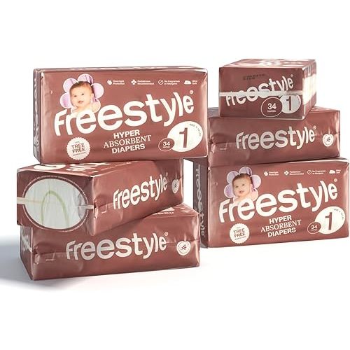 Freestyle Diapers - (Size 1) Hyper Absorbent & Non-Toxic – Disposable Diapers for Sensitive Skin – Ultra Soft Diapers (8-14 lbs) – 204 Count