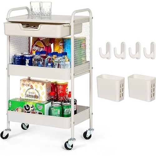 3-Tier Rolling Cart with Drawer, Metal Utility Storage Cart Organizer with Lockable Wheels&Hanging Cups&Hooks, Mobile Storage Craft Carts Trolley with Mesh Shelves for Kitchen, Office-White