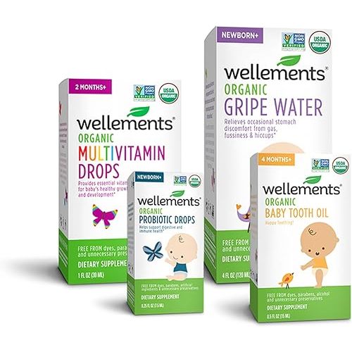 Wellements Organic Newborn Essentials Bundle | Organic Gripe Water 4 fl Ounce, Organic Multivitamin Drops 1 fl oz, Organic Baby Tooth Oil 0.5 fl oz, Organic Probiotic Drops 0.25 fl oz