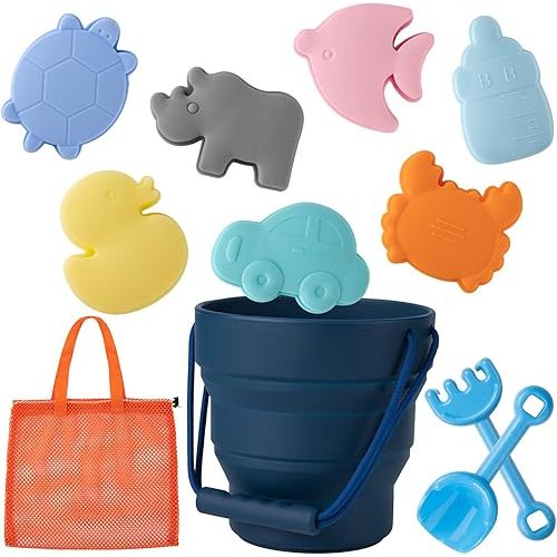 Silicone Beach Toys Collapsible Beach Buckets Beach Toys for Kids, Sand Bucket and Shovels Set with Mesh Bag Sand Molds, Silicone Beach Sand Pails for Beach Travel (Blue)