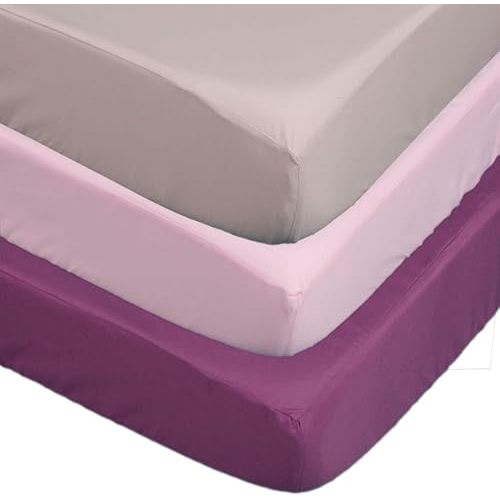 Belsden 3 Pack Soft Waterproof Crib Sheets, Wipeable Machine Washable Crib and Toddler Mattress Pad Cover, Fitted Microfiber Baby Girl Sheets Set, 28’’x 52’', Pink & Purple & Apricot