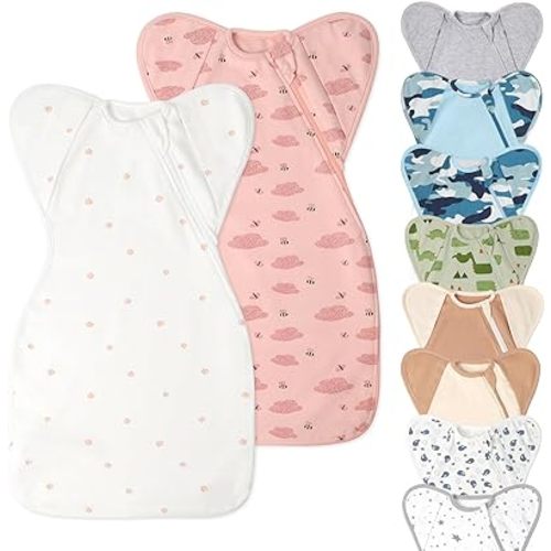 Swaddle Blanket Sleep Sack with Arms Up Design 2 Packs, Hands Up Sleeping Sack 3-Way Transitions to Arms-Free Wearable Sleeping Bag for Newborn Baby Boys Girls Snug Fit Calms Startle Reflex