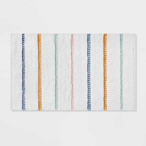 Striped Kids' Bath Rug White/Blue - Pillowfort™: Cotton Woven Bath Mat, Kids Bathroom Decor, 1'8"x2'10"