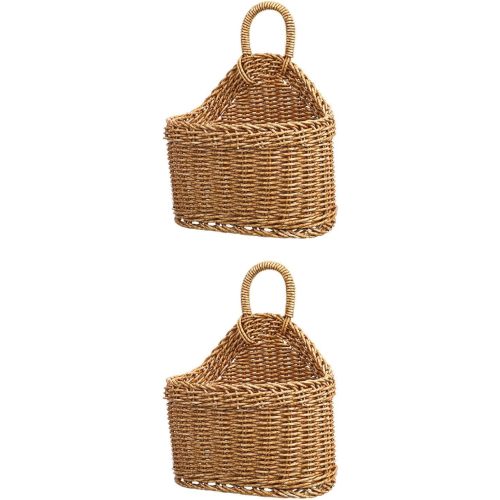DOITOOL Hanging Wicker Baskets: 2Pcs Woven Plastic Storage Basket, Wicker Hanging Storage Bins, Seagrass Wall Basket for Home Wedding Decorations - Beige, Rectangular, 7.5 x 4.7 x 9.2 inch