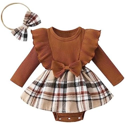 Newborn Baby Girl Fall Winter Outfit Set Plaid Romper Dress Ruffles Long Sleeve Clothes Jumpsuit with Bow Headband