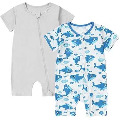 MICHLEY Baby Bamboo Viscose Short Sleeve Summer Romper 2 Pack, Unisex Newborn Zipper Bodysuit Toddler Clothes 0-24M