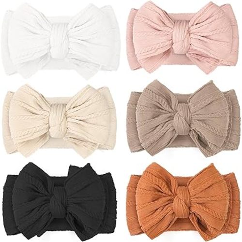 CÉLLOT 2024 Super Stretchy Soft Handmade Headbands with Double Bows Head Wrap Nylon Hair Accessories for Newborn Baby Girls Infant Toddlers Kids,Pack of 6 (Desert)