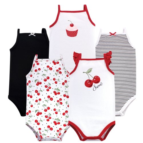 Hudson Baby Infant Girl Cotton Sleeveless Bodysuits 5pk, Cherries