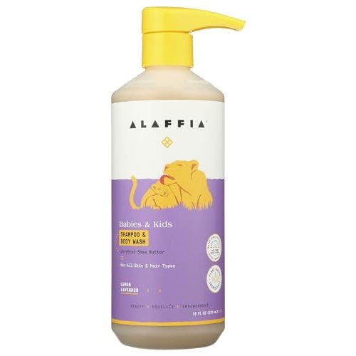 Alaffia Babies and Kids Shampoo and Body Wash, Gentle and Calming Support for Soft Hair and Skin with Shea Butter, Neem, and Coconut Oil, Fair Trade, Lemon Lavender, 16 Fl Oz
