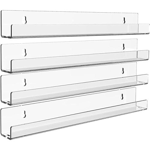4 Pack Acrylic Clear Floating Bookshelf for Kids Room,15" Invisible Wall Bookshelves Ledge Book Shelf,U Modern Picture Ledge Display Toy Storage Vinyl Record Wall Shelf and Organizer Decor