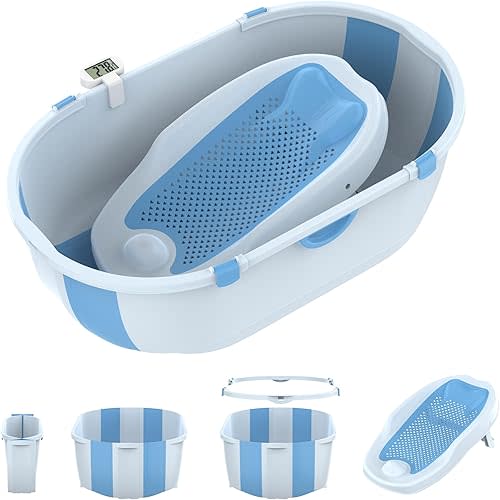 Collapsible Baby Bathtub with Bath Stand,Baby Bath Tub with Thermometer and Drain Outlet, Durable and Essential Baby Bathtub, Suitable for Babies from 0-5 Years Old to Toddlers(Blue)