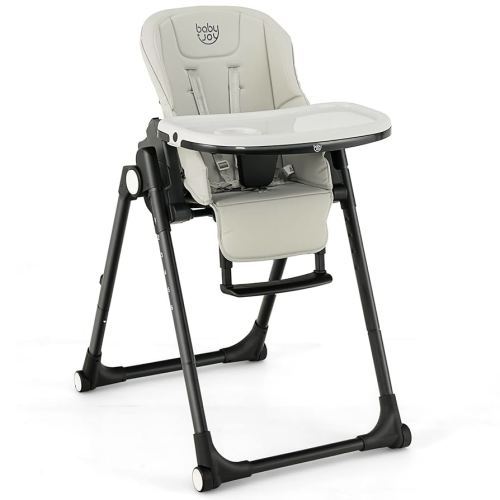 BABY JOY High Chair for Babies & Toddlers, Foldable Highchair with Adjustable Backrest/Footrest/Seat Height, Double Removable Trays, Detachable Seat Cushion, Wheels, Aluminum Frame (Gray)