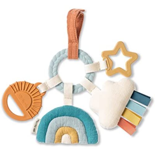 Itzy Ritzy Teething Activity Toy - Bitzy Busy Ring Features Braided Teething Ring and Dangling Toys; Includes Teether, Textured Ribbons, Crinkle Sound & Jingle Bell, Rainbow