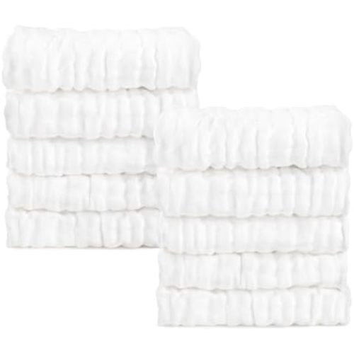 AIDEA Baby Muslin Washcloths-10 Pack, 100% Cotton Washcloth, Newborn Essentials, Soft Baby Washcloths, Absorbent Baby Towel, Bath Face Towels, Burp Cloths, Rags for Newborn, Baby Gifts-White 10" X10"