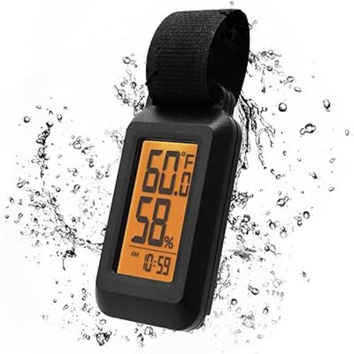 Dretec Portable Digital Thermometer Hygrometer Splash Proof IPX4 Clock Function Backlight for Backpacking, Skiing, Outdoor Thermometer Activity Black