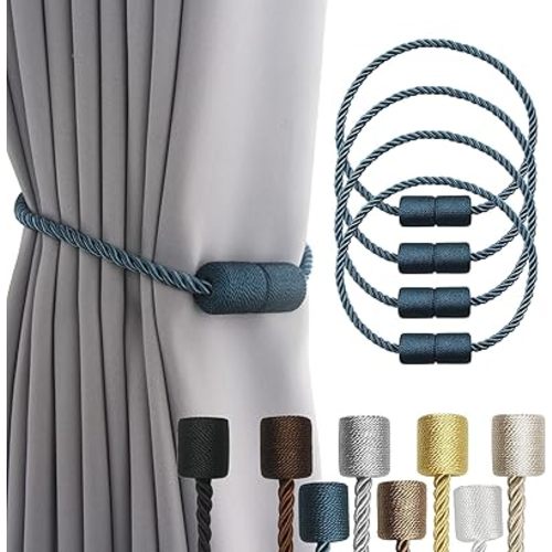 4 Pack Blue Strong Magnetic Curtain Tiebacks Outdoor Elegant Decorative Tie Backs Modern Rope Tiebacks for Drapes Window Curtain Holdbacks for Draperies