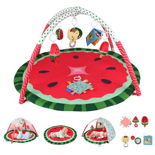 Heypappy Tummy Time Mat, 9-in-1 Watermelon Baby Play Gym Mat, Oversize Baby Play Activity Mats with Sunshade & 6 Detachable Sensory Toys, Washable Non-Slip Mat for Newborn Infant Essentials Gift