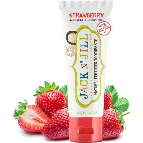 Jack N' Jill Natural Toothpaste for Baby and Infants - Fluoride Free Training Toothpaste, 40% Xylitol, BPA Free - Strawberry, 1.76 oz (Pack of 1)