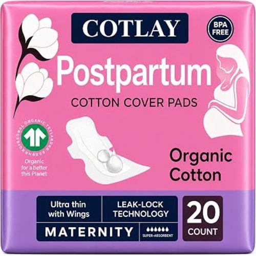 Postpartum Pads | Ultra Thin, Long and High Absorbency 20 Count | Organic Cotton Maternity Pads for Postpartum Bleeding | Overnight Protection with Wings 10 Pads x 2 Packs