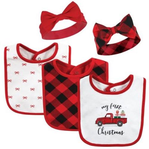 Hudson Baby Infant Girls Cotton Bib and Headband or Caps Set, Red Truck Bows, One Size