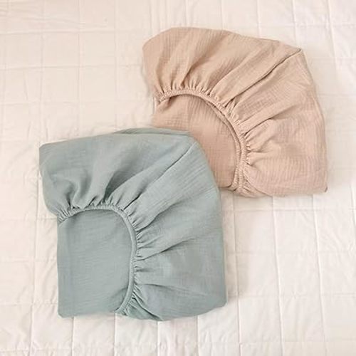 BuLuTu 100% Cotton Muslin Fitted Mini Crib Sheets 38"x26", 2 Pack, Mini Portable Fitted Crib Sheets for Boys Girls Mattress Sheet for Pack N Play, Beige & Green