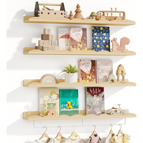 Fixwal Nursery Shelves, 24 Inch Floating Bookshelves for Wall Set of 4, Scalloped Wall Book Shelves with Towel Rack for Kids, Toddler Room, Baby Room, Nursery Decor and Storage(Natural Wood)