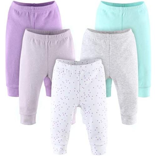 The Peanutshell Baby Girl Pants Set | 5 Pack in Newborn to 24 Month Sizes | Floral, Pink, White, Stars