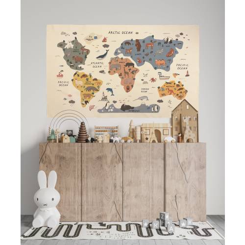 Animal World Map Tapestry - Organic Cotton Fabric Tapestry - World Map Wall Tapestry - World Map Gift - Kid Room Tapestry - World Map Gift