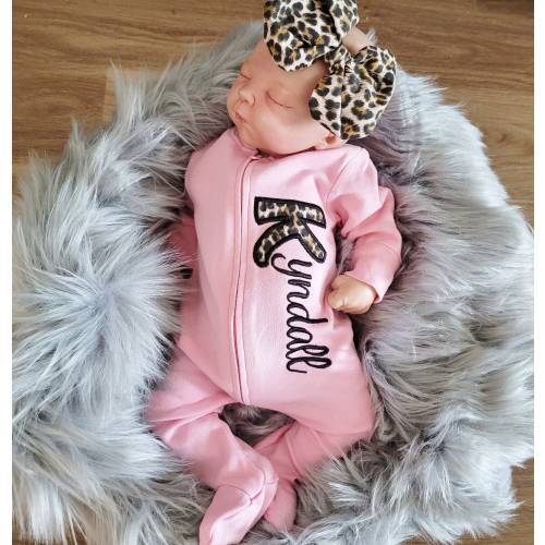 Baby Girl Coming Home Outfit with Leopard Print and Embroidered Name