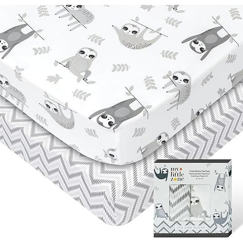 Sloth Boys Crib Sheets - 2 Pack Neutral Fitted Sheets for Standard Crib & Toddler Mattress, Grey Sloth + Chevron Pattern